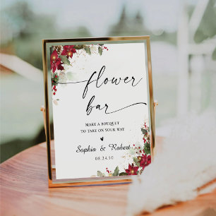 Rustikales Pine Poinsettia Hochzeit Blume Bar Sign Sockelschild