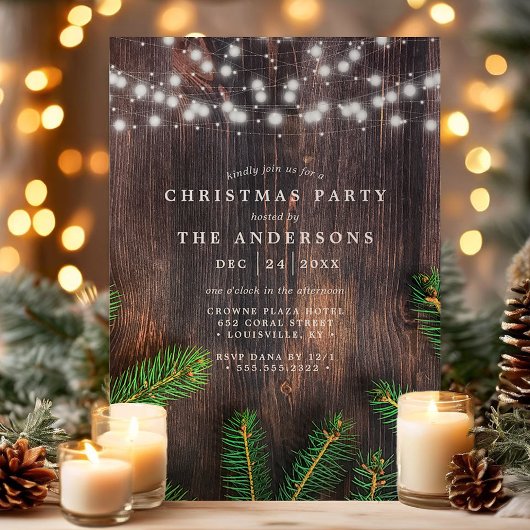 Rustikales Pine String Lights Weißes Party Einladung