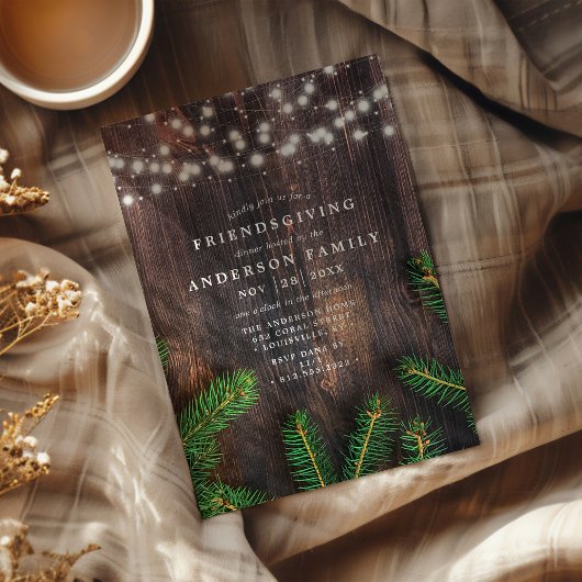 Rustikales Pine String Lights Wood Friendsgiving P Einladung