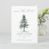 Rustikales Pine Tree Foto & QR Code Wedding Save The Date (Stehend Vorderseite)