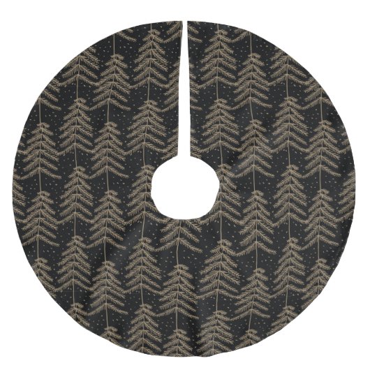 Rustikales Pine Tree Muster Schwarzes Grün Gold Polyester Weihnachtsbaumdecke (Vorderseite)