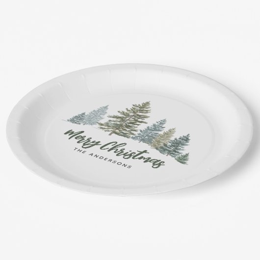 Rustikales Pine Tree Weihnachten Pappteller (Schrägansicht)