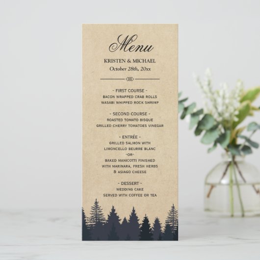 Rustikales Pine Trees Kraft Winter Wedding Menu Menükarte (Stehend Vorderseite)