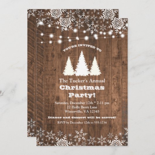 Rustikales Pine Trees & String Lights Weihnachtsfe Einladung (Vorne/Hinten)
