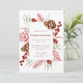 Rustikales Pinecone & Berry Holiday Open House Einladung (Stehend Vorderseite)