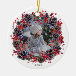 Rustikales Pinecone Waldland Kranz Foto mit Jahr Keramik Ornament