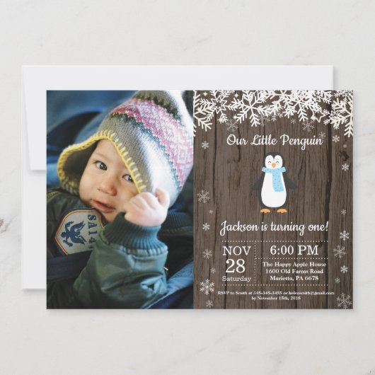 Rustikales Pinguin Winter Boy Geburtstags-Foto Einladung (Vorderseite)