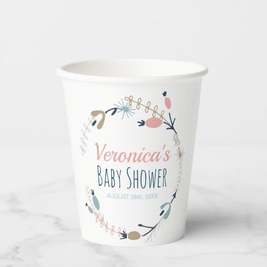 Rustikales Pink Blue Pastel Botanical Baby Dusche Pappbecher (Vorderseite)