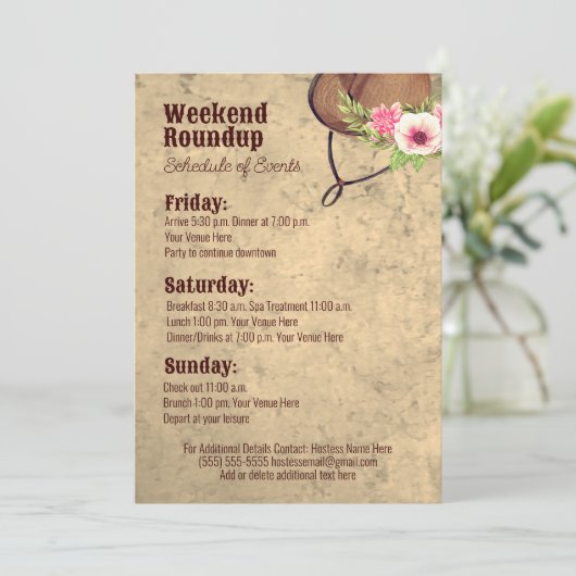 Rustikales Pink Cowgirl Bachelorette Itinerary Einladung (Stehend Vorderseite)
