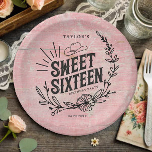 Rustikales Pink Cowgirl Floral 16 . Geburtstag Geb Pappteller