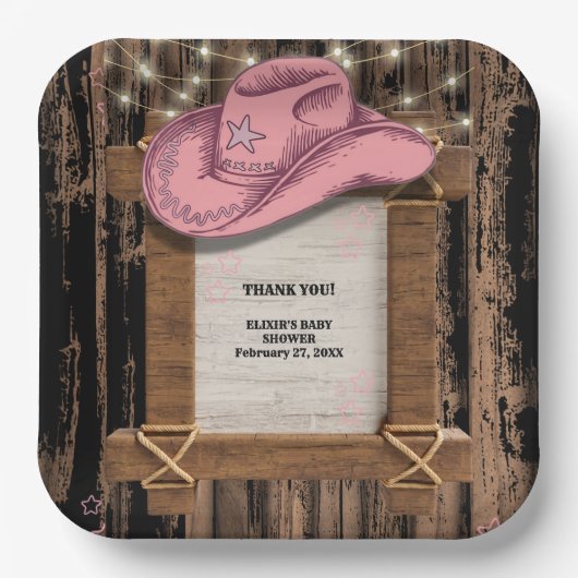 Rustikales Pink Cowgirl Hutelhut Baby Dusche Pappteller (Vorderseite)