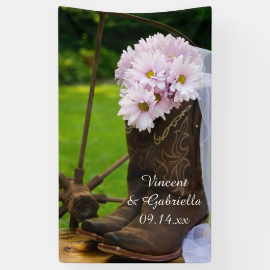Rustikales Pink Daisies Cowboy Boots Western Weddi Banner (Vertikal)