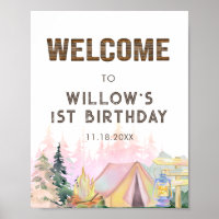 Rustikales Pink Girl Camping Geburtstag Willkommen