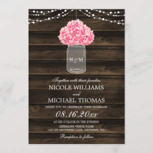 Rustikales Pink Hydrangea Mason Jar Barn Wood Wedd Einladung
