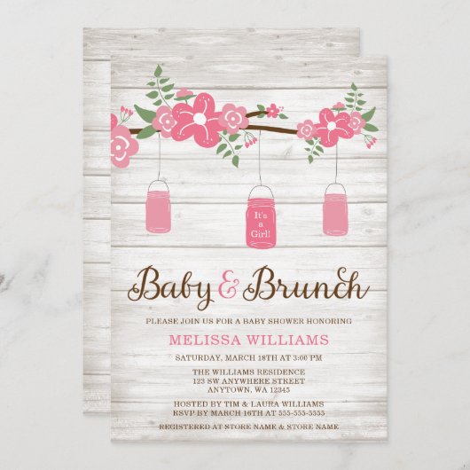 Rustikales Pink Mason Jar Girl Brunch Babydusche Einladung (Vorne/Hinten)