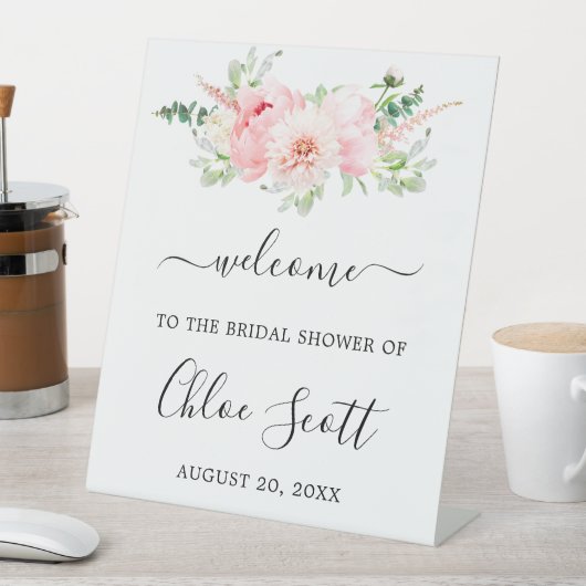Rustikales Pink Peony Floral Brautparty Willkommen Sockelschild (In Situ)