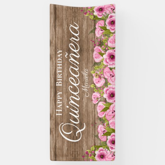 Rustikales Pink Poppies Quinceañera Banner (Vertikal)