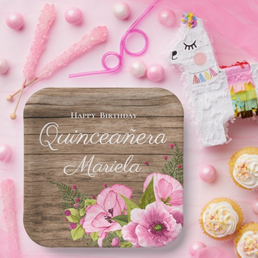 Rustikales Pink Poppies Quinceañera Pappteller (Party)