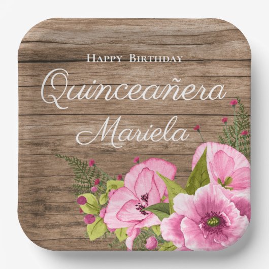 Rustikales Pink Poppies Quinceañera Pappteller (Vorderseite)
