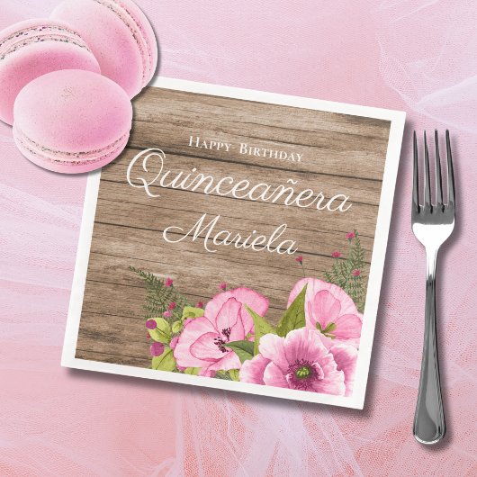 Rustikales Pink Poppies Quinceañera Serviette