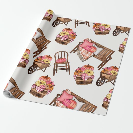 Rustikales Pink Pumpkin Pattern Geschenkpapier (Ungerollt)