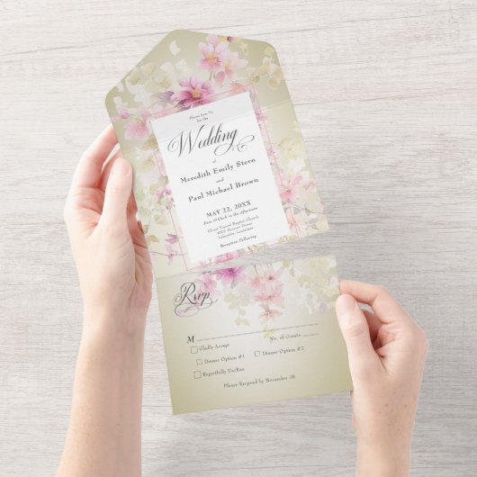 Rustikales Pink & Sage Aquarell Blumenkohl Abendes All In One Einladung (Abreißen)