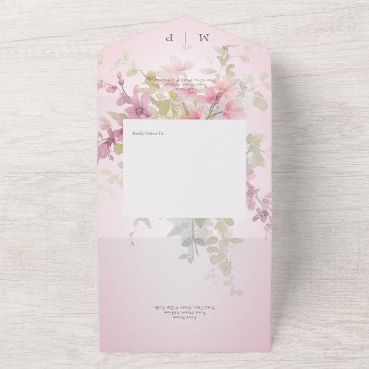 Rustikales Pink & Sage Aquarell Rosa Abendessen All In One Einladung (Außenbereich)