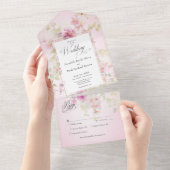 Rustikales Pink & Sage Aquarell Rosa Abendessen All In One Einladung (Abreißen)