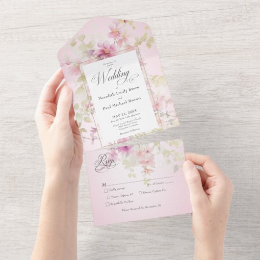 Rustikales Pink & Sage Aquarell Rosa Abendessen All In One Einladung (Abreißen)