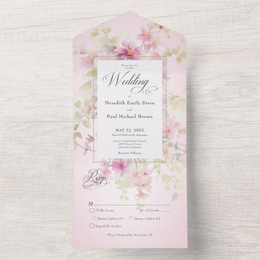 Rustikales Pink & Sage Aquarell Rosa Abendessen All In One Einladung (Innen Boden)