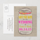 Rustikales Pink & Yellow Mason Jar Save the Date Ankündigungspostkarte (Vorne/Hinten)