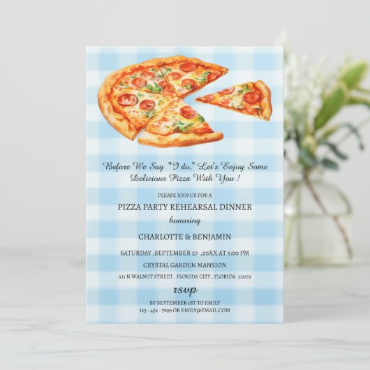 Rustikales Pizza Hochzeit Probe Dinner Einladung (Stehend Vorderseite)