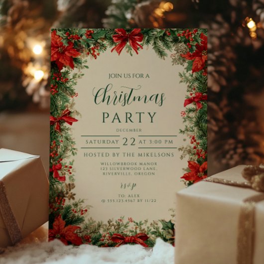 Rustikales Poinsettia Pine Christmas Party Einladung