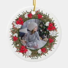 Rustikales Poinsettia Woodland Wreath Foto mit Jah Keramik Ornament