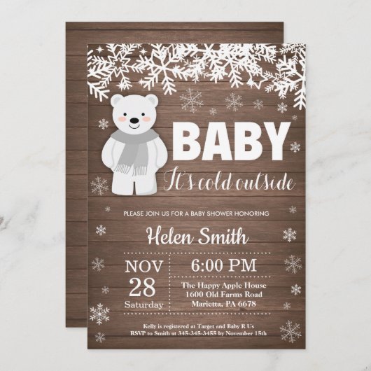 Rustikales Polar Bear Winter Baby Einladung (Vorne/Hinten)