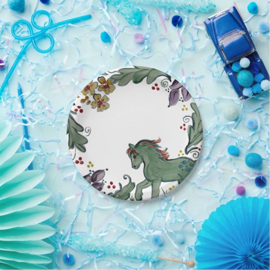 Rustikales Pony Horse Aquamarin farbenfroher Bauer Pappteller (Party)