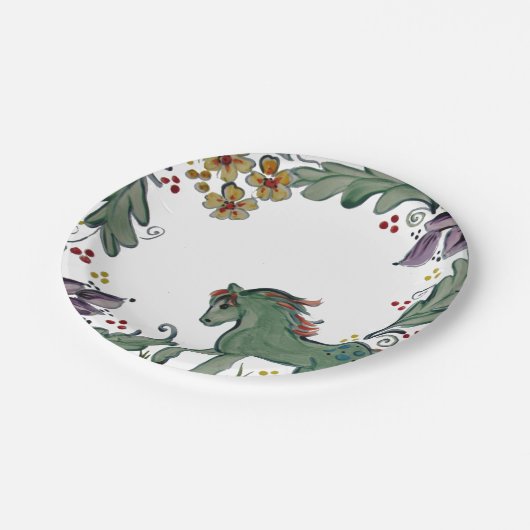 Rustikales Pony Horse Aquamarin farbenfroher Bauer Pappteller (Schrägansicht)