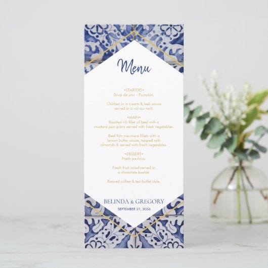 Rustikales portugiesisches Menü "Tiles Wedding" Menükarte (Stehend Vorderseite)