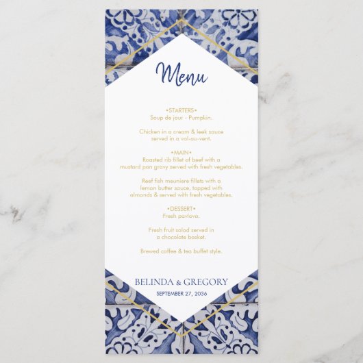 Rustikales portugiesisches Menü "Tiles Wedding" Menükarte (Vorderseite)