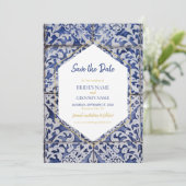 Rustikales portugiesisches Tiles Wedding-Foto Save The Date (Stehend Vorderseite)