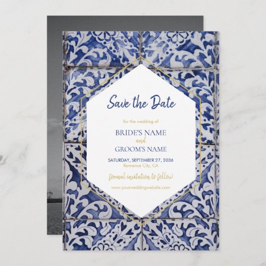 Rustikales portugiesisches Tiles Wedding-Foto Save The Date (Vorne/Hinten)