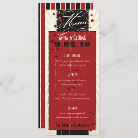 Rustikales Poster: Red & Black Custom Wedding Menu Menükarte (Vorne/Hinten)