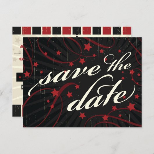 Rustikales Poster: Rot und Schwarz Save the Date Ankündigungspostkarte (Vorne/Hinten)