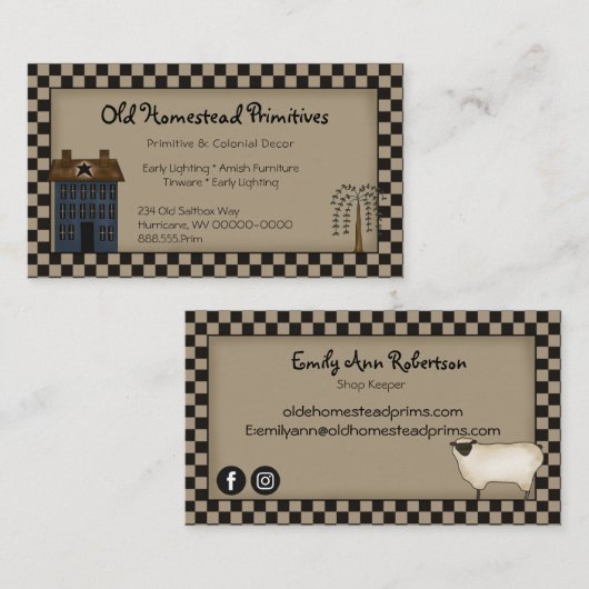 Rustikales primitives Saltbox Willow & Sheep Count Visitenkarte (Vorne/Hinten)