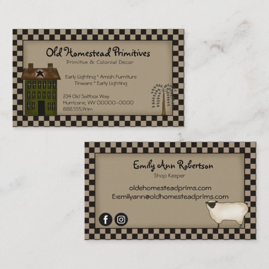 Rustikales primitives Saltbox Willow Tree Country Visitenkarte (Vorne/Hinten)