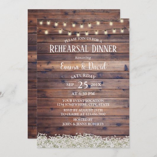 Rustikales Probe Dinner Gipskraut String Light Einladung (Vorne/Hinten)