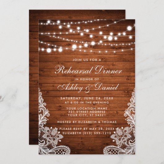 Rustikales Probe Dinner holzende Saitenleuchten Einladung (Vorne/Hinten)