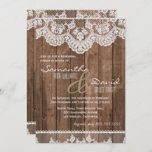 Rustikales Probe-Dinner mit weißem Lace und Holz l Einladung (Vorne/Hinten)