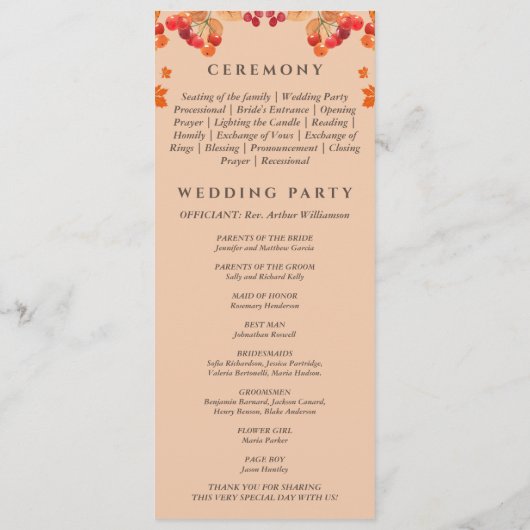 Rustikales Programm zur Hochzeit im Herbst im Herb (Rückseite)