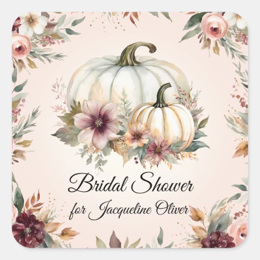 Rustikales Pumpkin Burgundy Fall Floral Brautparty Quadratischer Aufkleber (Vorderseite)